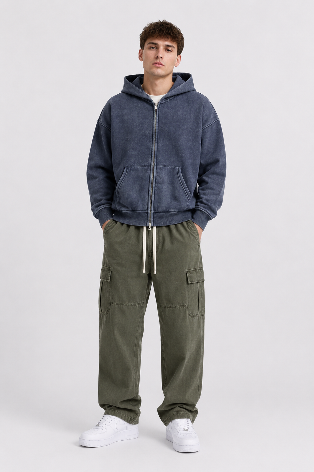 Snow Washed Zip-Through Fleece Hoodie